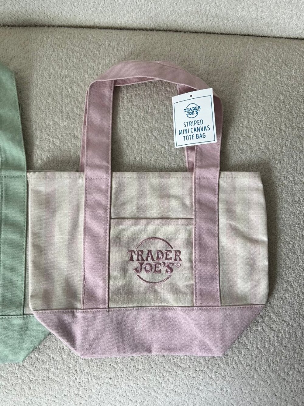 Trader Joe's Set of 2 Striped Mini Canvas Tote Bags Pink & Mint NWT - Picture 2 of 7